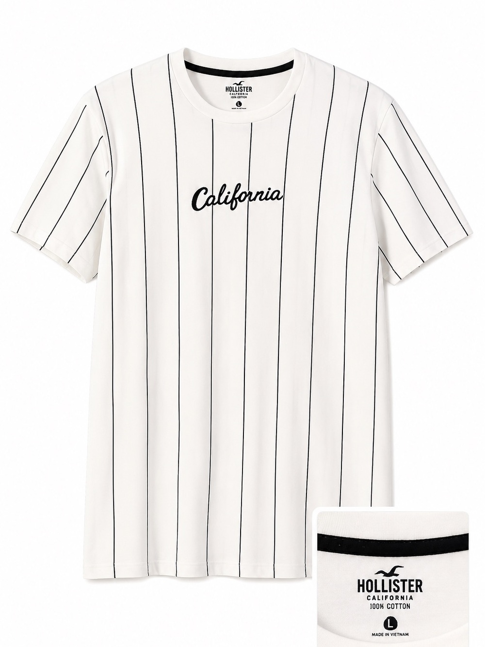 Hollister White Tee with Black Pinstripes and 'California' Script